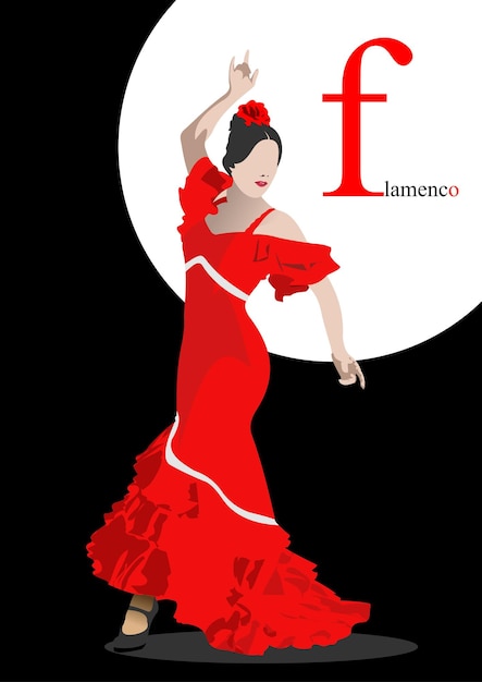 Beautiful young woman dancing flamenco poster Colored Vector 3d hand drawn illustration