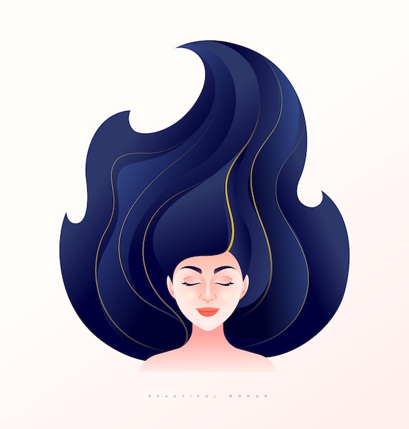 Beautiful young woman front face vector illustration with long hair blushing expression and closed eyes