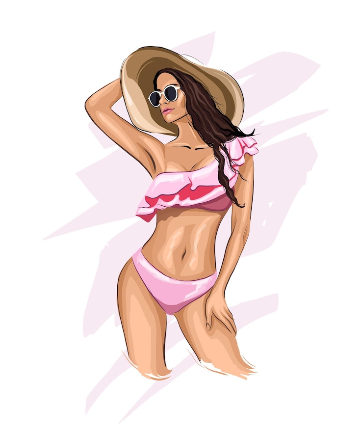 Vector beautiful young woman in glasses and a hat stylish girl colored drawing realistic