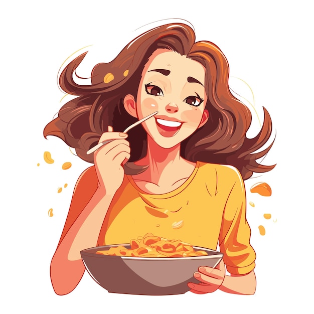 Vector a beautiful young woman is eating pasta cartoon vector illustration