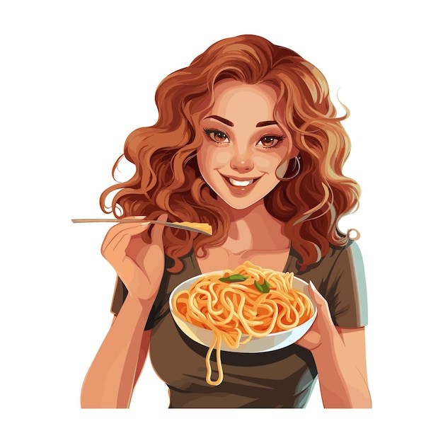 Vettore una bella giovane donna sta mangiando pasta illustrazione vettoriale di cartoni animati