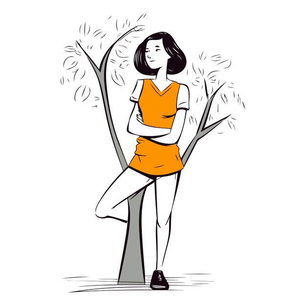 Vector beautiful young woman in orange short dress standing near the tree