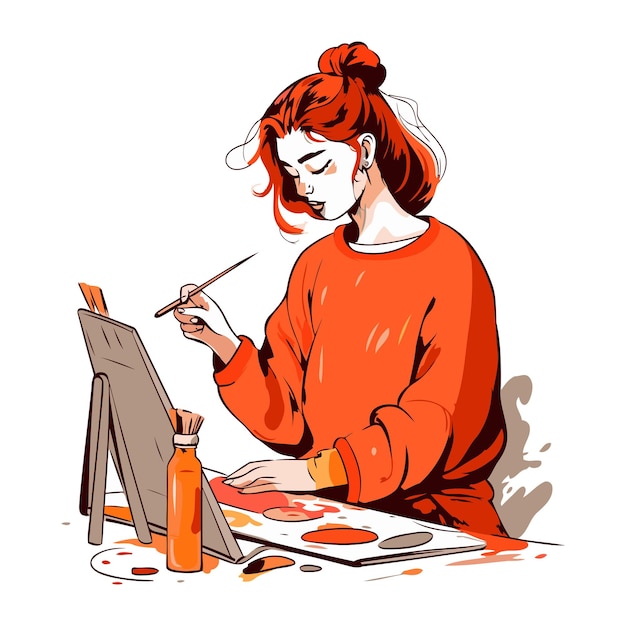 Vector beautiful young woman painter drawing a picture with paints vector illustration