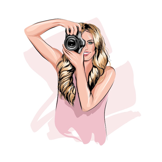 Vector beautiful young woman photographer taking pictures colored drawing realistic