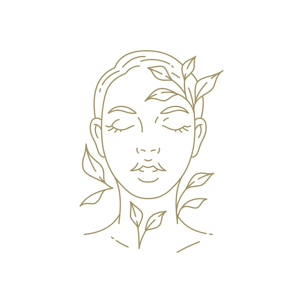 Beautiful young woman portrait floral branch leaves line art style monochrome logo vector illustration Romantic female face with flower leaf botanical blossom organic plant icon for skincare cosmetic