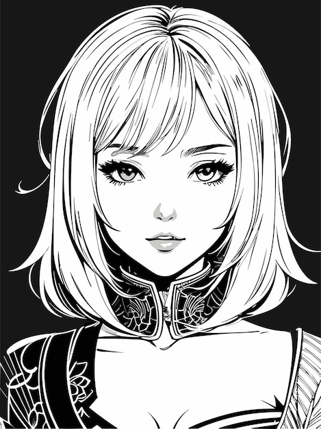 beautiful young woman sketch in black and white coloring anime artstyle illustration portrait