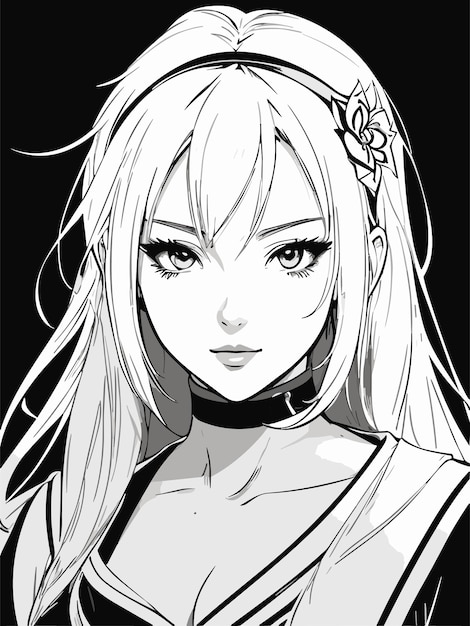 красивая молодая женщина эскиз в черно-белой окраске аниме арт стиль иллюстрации портрет