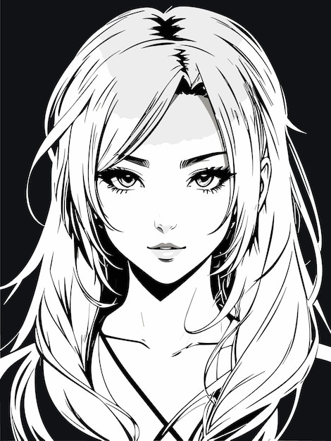 흑백 색칠 애니메이션 아트스타일 그림 초상화의 아름다운 젊은 여성 스케치