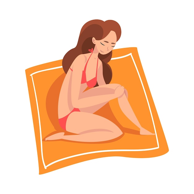 Красивая молодая женщина загорает и отдыхает на пляже Девочка наслаждается летним отдыхом Векторная иллюстрация на белом фоне