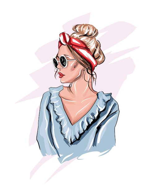 Vector beautiful young woman in sunglasses stylish girl in a red headband fashionable feminine look