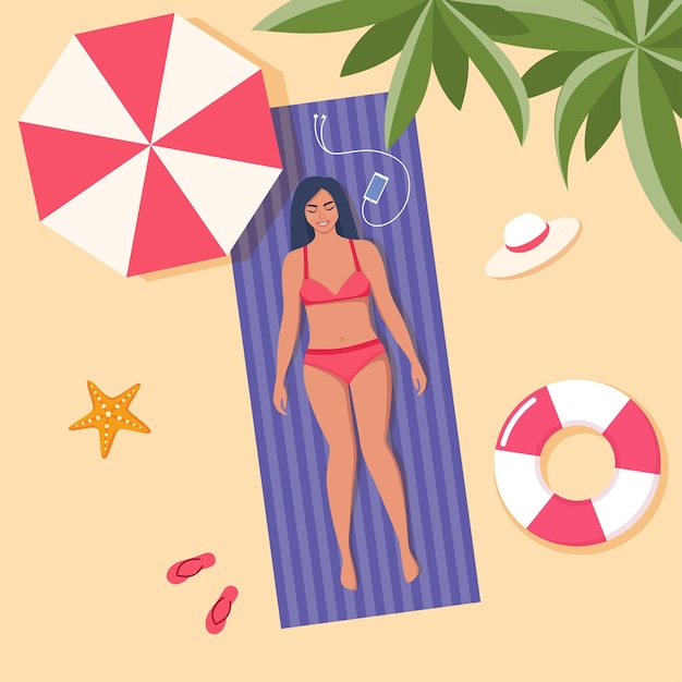 Vector beautiful young woman in swimsuit sunbathes on the beach top view beach background