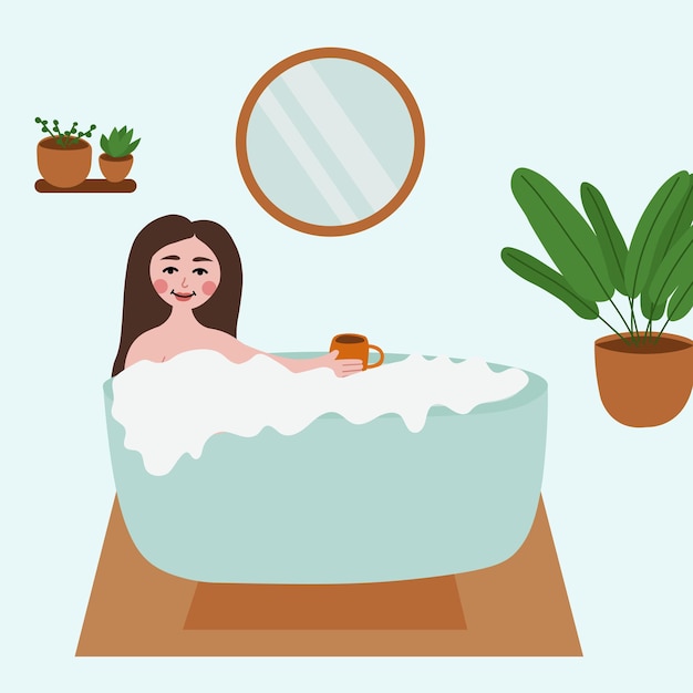 Beautiful young woman taking bath in bath tube and drinking cup of coffee Bathroom illustration for print