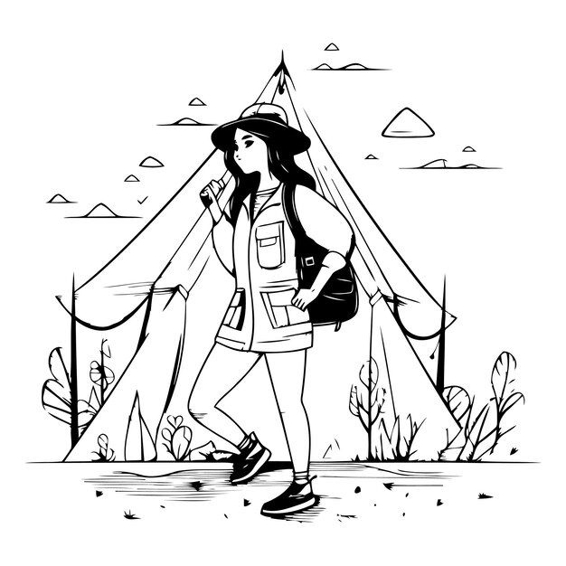 Vector beautiful young woman tourist with backpack and tent