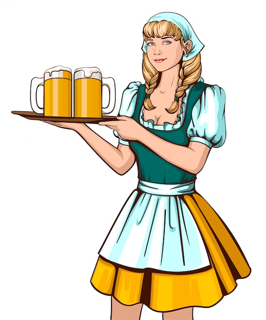 Beautiful young woman waiter holding tray with beer