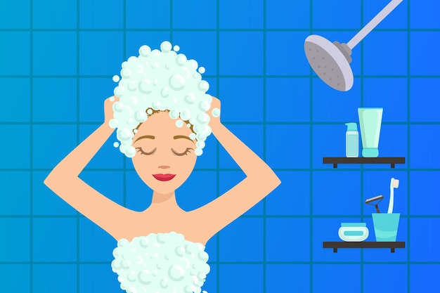 ベクトル 美しい若い女性が浴室でシャンプーでを洗っているフラットベクトルイラスト