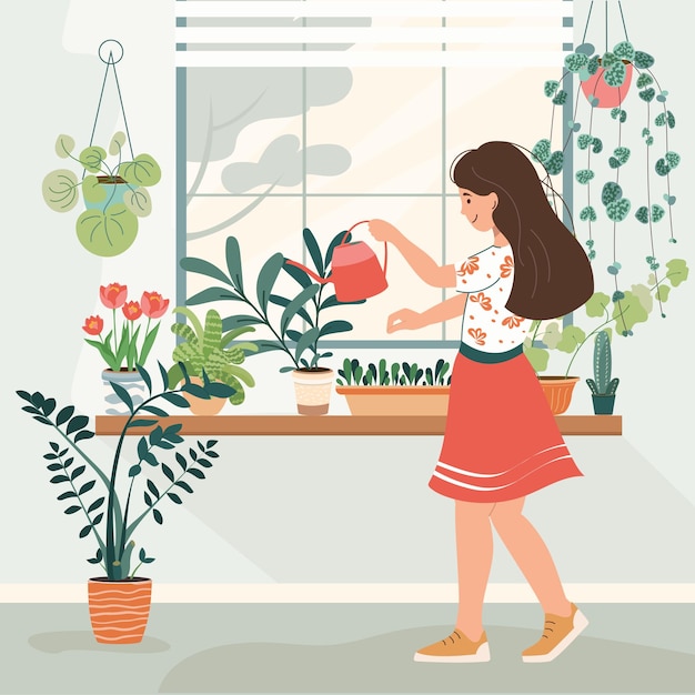 美しい若い女性が鉢の中の室内植物に水を注いでいます女の子が室内花の世話をしています趣味のベクトル