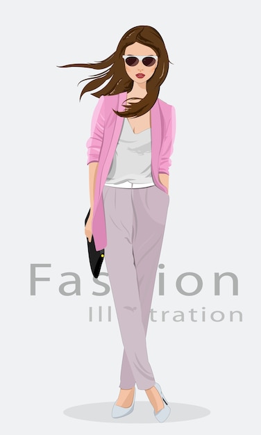 Vector beautiful young woman wearing fashion clothes, glasses and with bag. fashion model.  illustration .