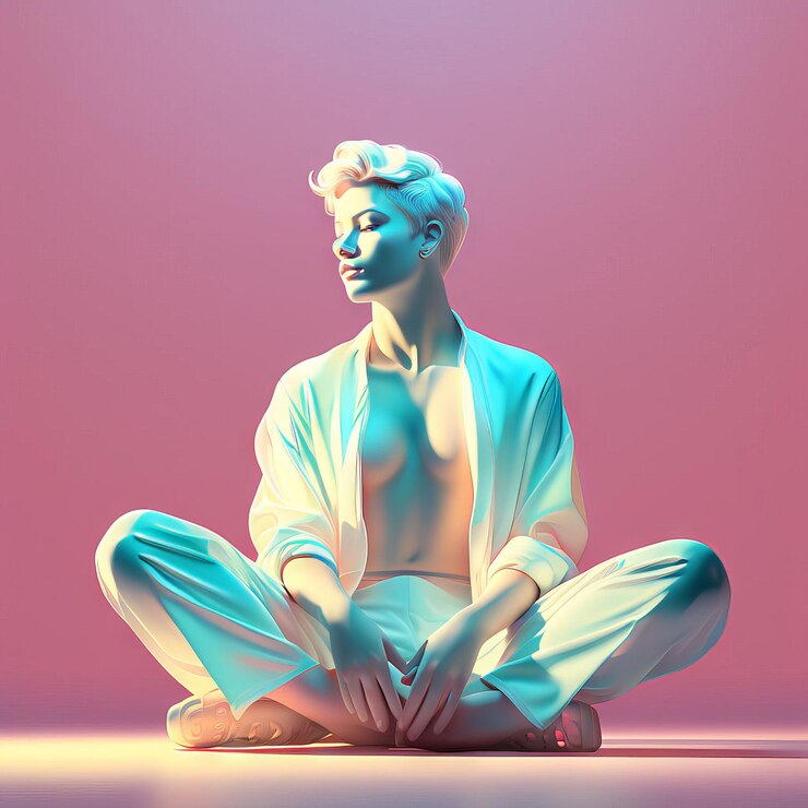 Vector beautiful young woman in white dress sitting and meditating neon color 3d rendering beautiful