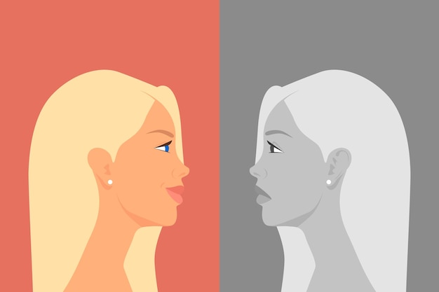 Vector beautiful young woman with bipolar disorder cheerful and sad happy and unhappy twoface woman showing two different moods euphoria and depression vector cartoon in flat style side view