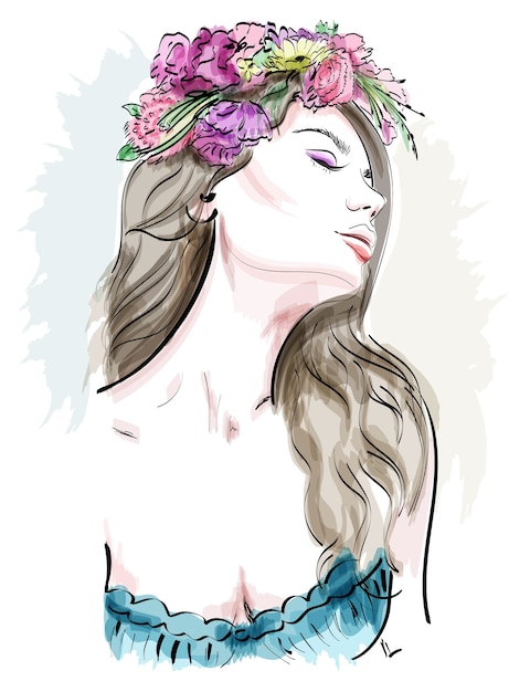 ベクトル 巻き毛と花の花輪を持つ美しい若い女性