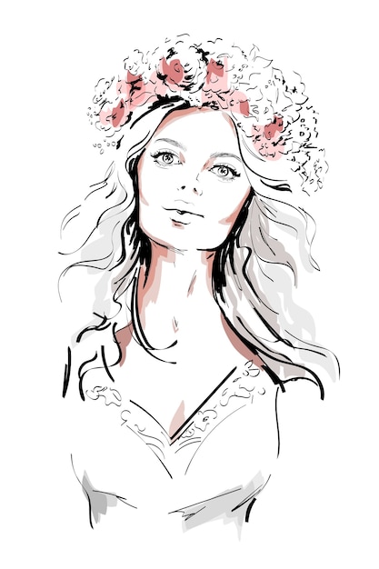 Vector beautiful young woman with flowers wreath in long hair.