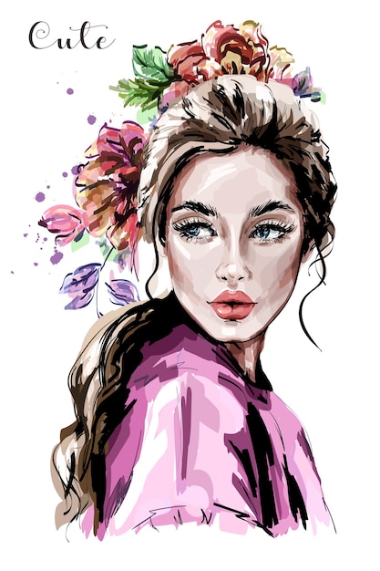 Vector beautiful young woman with flowers