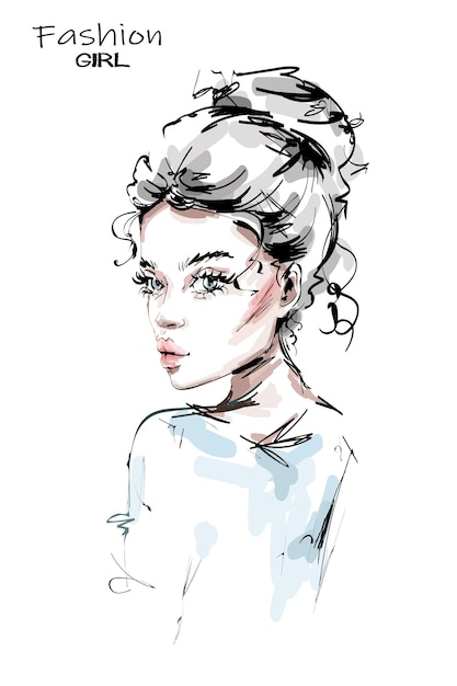 Vector beautiful young woman with hair bun