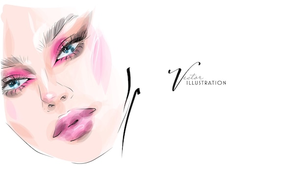 Beautiful young woman with makeup hand drawn in vector format