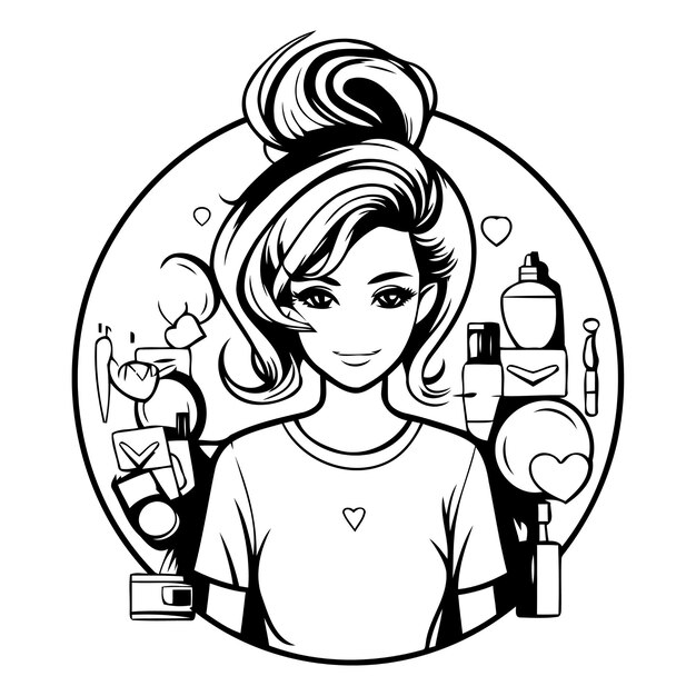 Vector beautiful young woman with makeup tools vector illustration in cartoon style