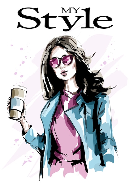 Vector beautiful young woman with paper coffee cup