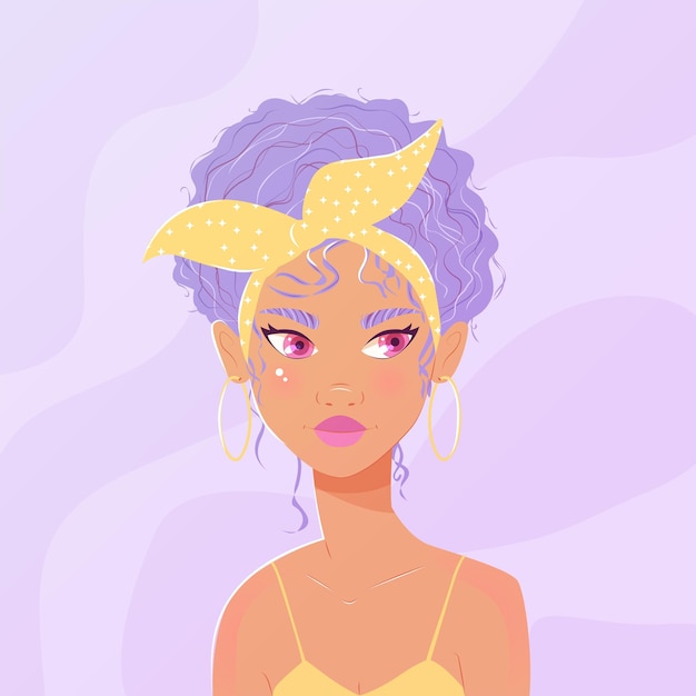 Beautiful young woman with purple curly hair headscarf and yellow summer dress Confident girl on purple background Colorful vector illustration