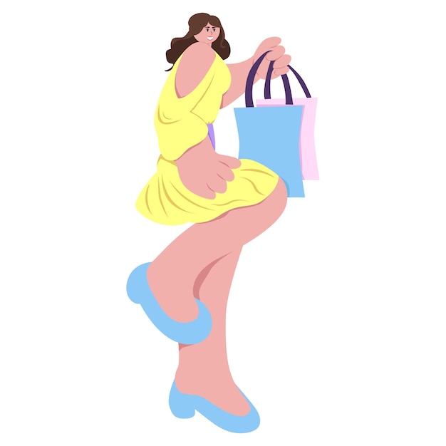 판매 또는 할인 기간 동안 손에 쇼핑백을 들고 있는 아름다운 젊은 여성