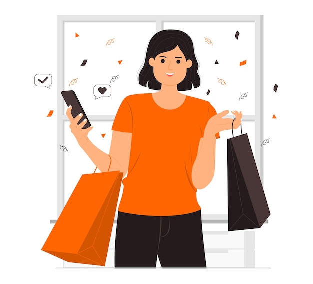 Beautiful young woman with shopping bags using her smartphone illustration