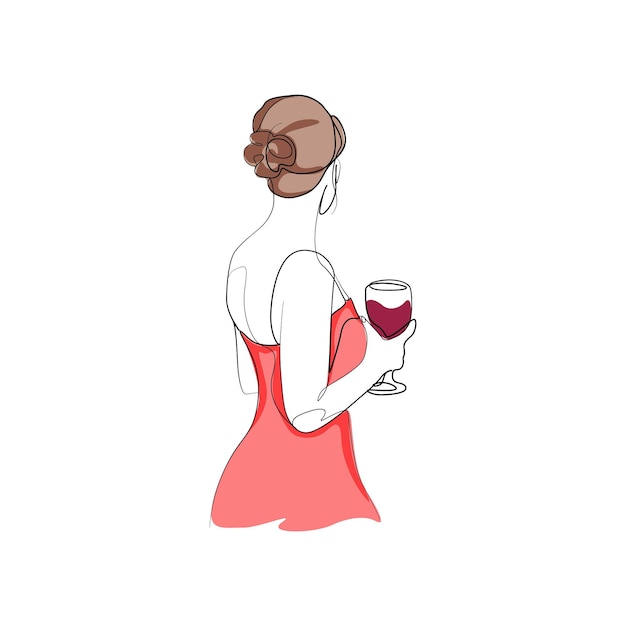 Красивая молодая женщина с бокалом вина абстрактный векторный рисунок одной линии иллюстрации