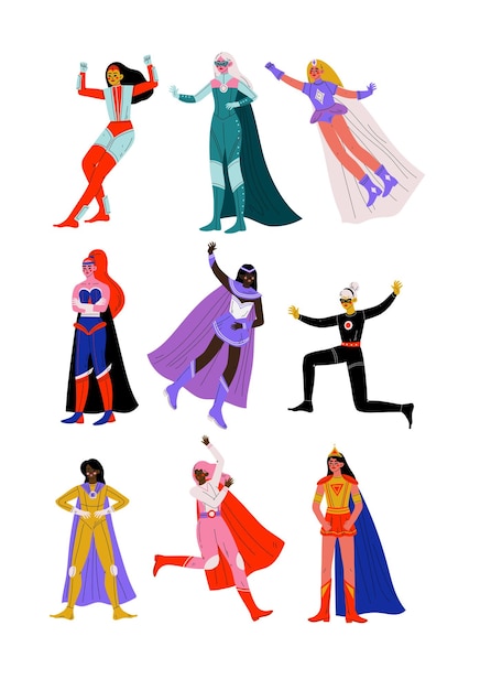 Vector beautiful young women in bright superhero costumes with capes set super girls characters in