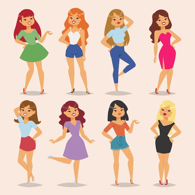 Vector beautiful young women in fashion clothes cartoon female characters vector illustration