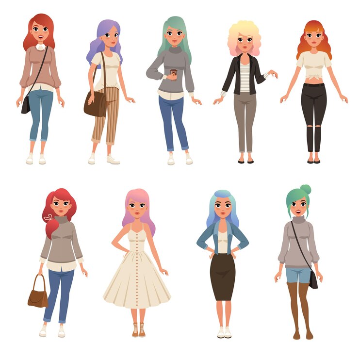 Vector 長い染められたの美しい若い女性は,ファッションの服を着たスタイリッシュな女の子をセットします. 白い背景に隔離されたベクトルイラスト