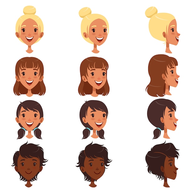 Beautiful young women with various hair style set, people avatars illustrations