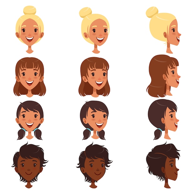 Beautiful young women with various hair style set, people avatars  illustrations