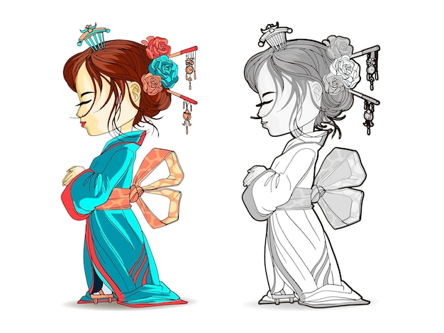 Vector beautifull cart japanese girls stand in kimono young geisha old traditional kimono makeup maiko hair style shy vector illustration isolated