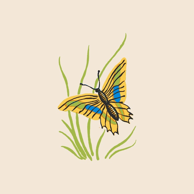 美しいかわいいかなり蝶の草の水彩ベクトル イラスト アート グラフィックと翼のある昆虫