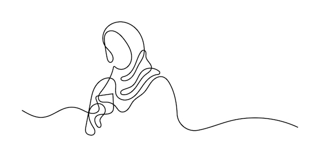 ベクトル 美しいヒジャブの女性がコーヒーを飲んでいるオンライン 継続的なシングルラインアート 編集可能なライン