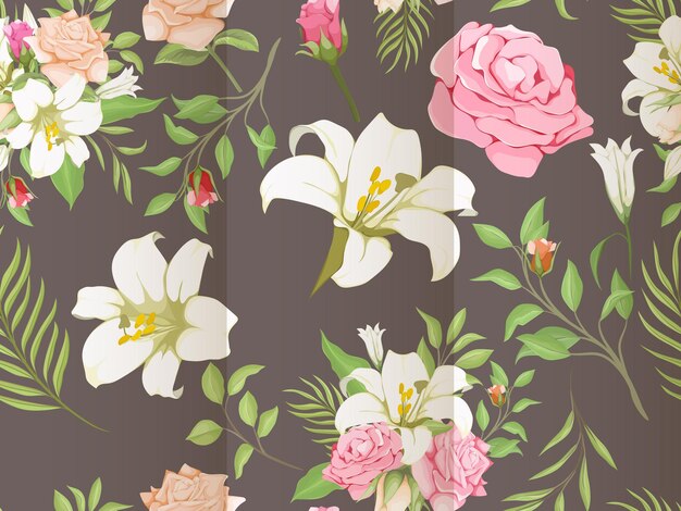 Beautifull Seamless Pattern Lily and Rose Floral Template