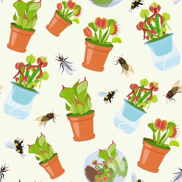 Vector beautifull tropical seamless pattern with carnivorous plants in pots and insects summer print vector