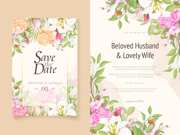 美しい結婚式の招待カード花のテンプレート