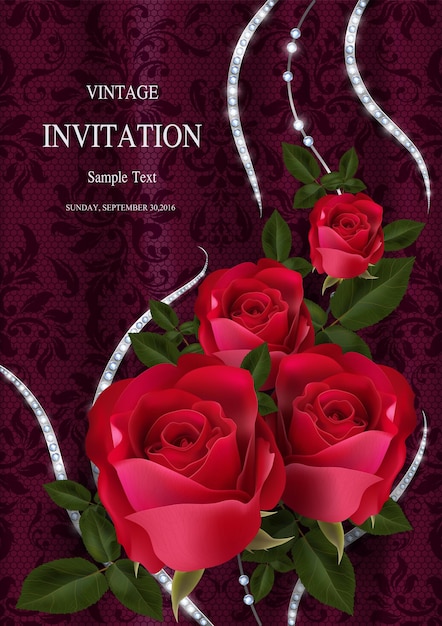 花と葉を持つ美しい結婚式の招待カードのテンプレートデザイン