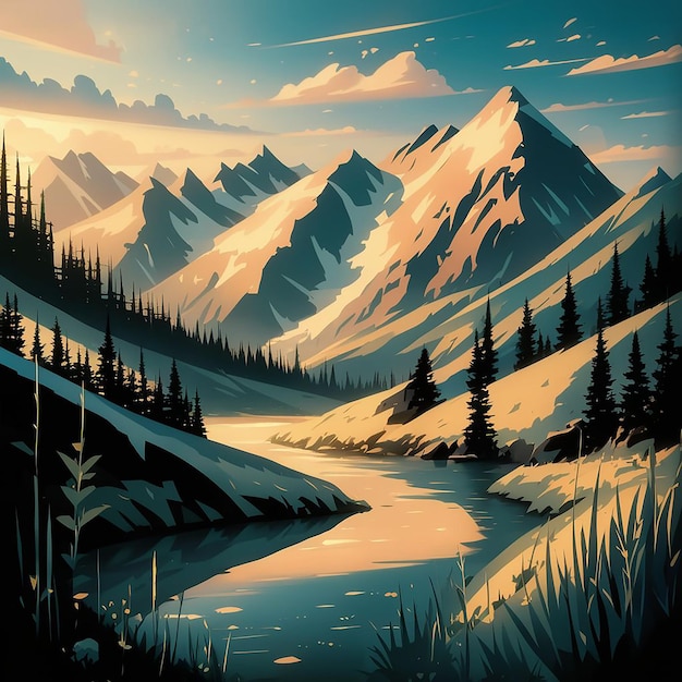 Vector a beautifully illustrated design featuring a serene mountain camping scene illustration
