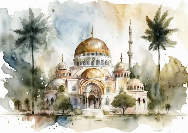 Beautifully Rendered Watercolor Vector Design of Mosque Kocatepe