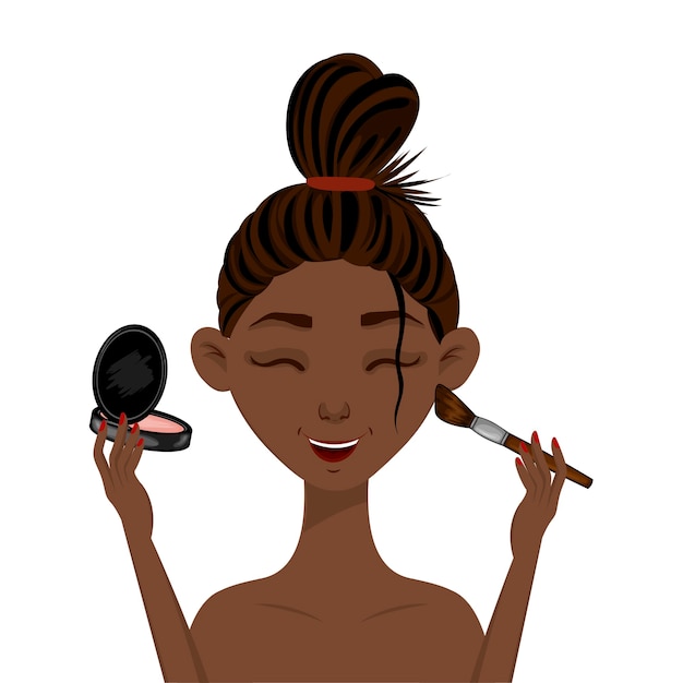 Beauty african woman applies makeup to the face. Cartoon style.