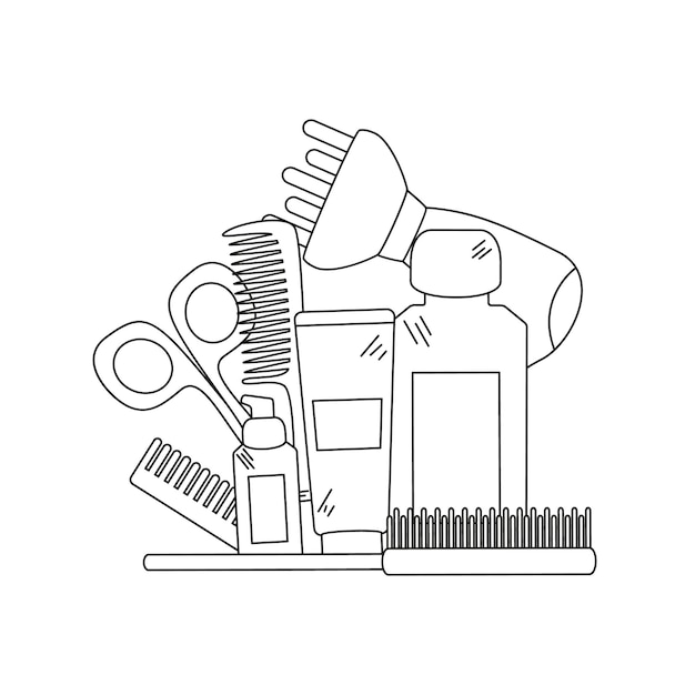 Красота фон с парикмахерскими инструментами, феном, расческой, ножницами и другими инструментами для ухода за волосами